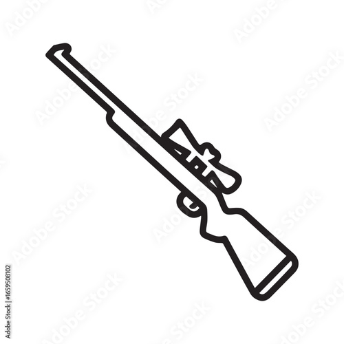 Hunting sniper rifle with scope, outline vector icon illustration.

