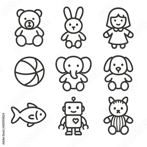 Soft Toy Icon Set. Outline icon set of soft toys: teddy bear, bunny plush, doll, soft ball, stuffed elephant, plush dog, fabric