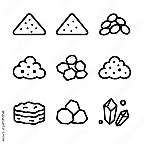 Soil Composition Icons. Outline icon set of soil composition: clay, sand, silt, humus, gravel, loam, peat, rock, minerals. Line