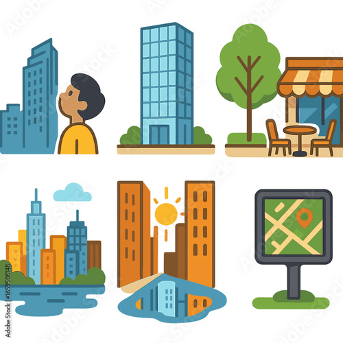 Cityscape Children's Icons. Flat vector mini-illustrations architecture's impact on city life in colors
