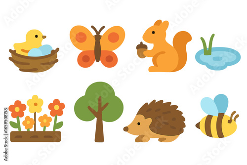 City Wildlife Icons. Flat vector mini-illustrations city wildlife habitats in colors children's illustrations: