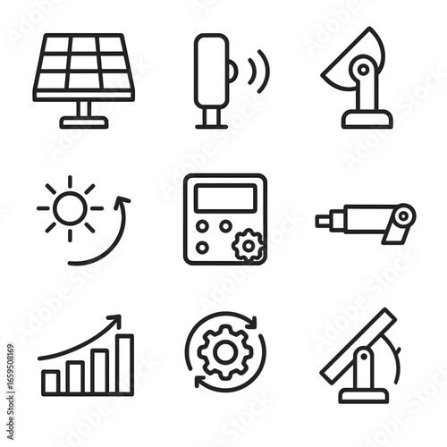 Solar Tracking Icons. Outline icon set of solar tracking systems: solar tracker, sensor, motorized mount, sun position, control