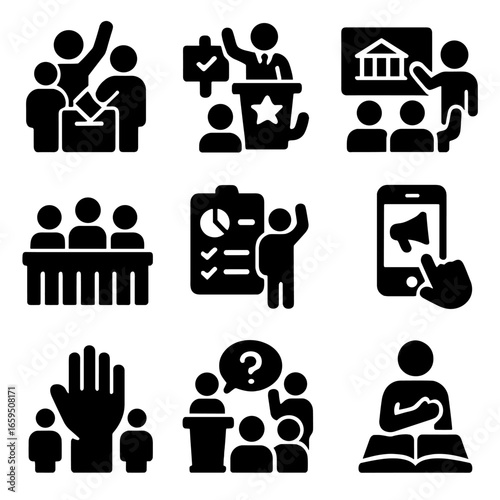 Civic Participation Icons. Solid, filled icons set of democratic participation: community voting, political