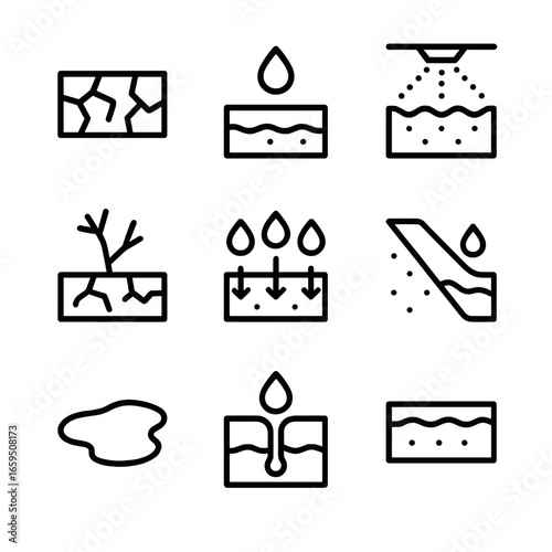 Soil Moisture Icons. Outline icon set of soil moisture: dry soil, wet soil, irrigation, rain, drought, water absorption, runoff,