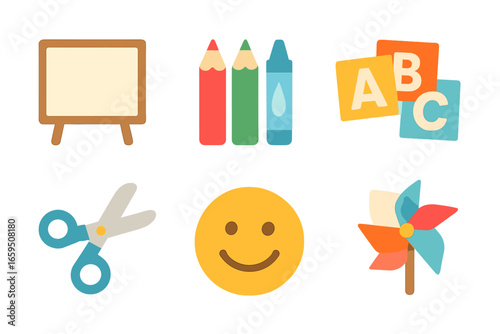 Classroom Art Icons. Flat vector mini-illustrations famous quotes in classroom art project in colors
