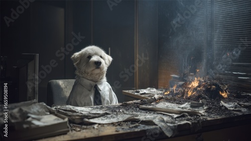 Dog in a shirt and tie sits at a desk in an office with papers and a fire. He appears to be looking calmly at the chaos.