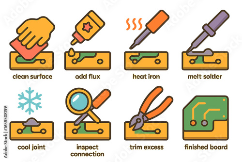 Soldering Steps Icons. Flat vector mini-illustrations soldering process steps in colors children's illustrations: clean surface,