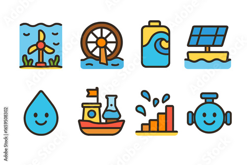 Clean Energy Icons. Flat vector mini-illustrations of hydro and wave energy startups in colors children's