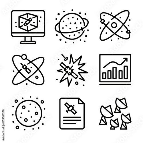 Space Debris Icon Set. Outline icon set of space debris scientific research: simulation model, debris distribution, orbital