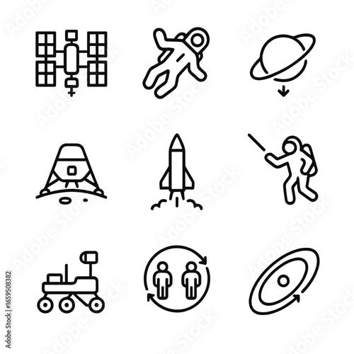 Space Exploration Icons. Outline icon set of gravity and space exploration: space station, astronaut floating, planetary gravity,