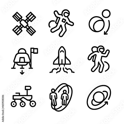 Space Exploration Icons. Outline icon set of gravity and space exploration: space station, astronaut floating, planetary gravity,