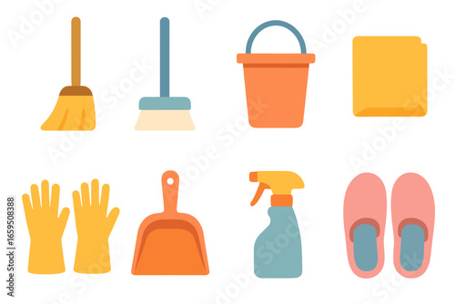 Cleaning Tools Icons. Flat vector mini-illustrations cleaning floors in colors children's illustrations: broom