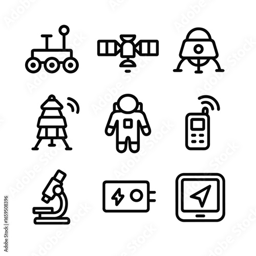 Space Mission Icon Set. Outline icon set of mission equipment: rover, satellite, lander, probe, spacesuit, communication device,