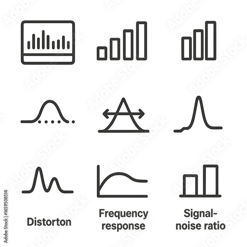 Spectrum Analysis Icons. Outline icon set of frequency spectrum analysis: spectrum analyzer, frequency bands, signal strength,
