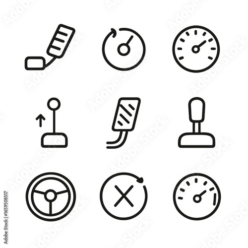 Speed Control Icons. Outline icon set of speed control devices: accelerator pedal, cruise control, speed dial, throttle, brake