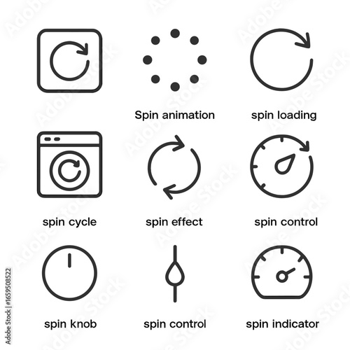 Spin Technology Icons. Outline icon set of spin technology: spin button, spin animation, spin loading, spin cycle, spin effect,