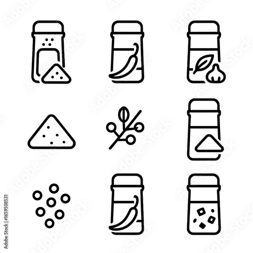 Spice Icon Grid. Outline icon set of spicy seasoning blends: curry powder, chili powder, Cajun spice, garam masala, Szechuan