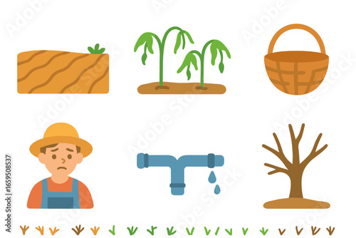Climate Challenge Icons. Flat vector mini-illustrations Crop failures in colors children's illustrations: dry