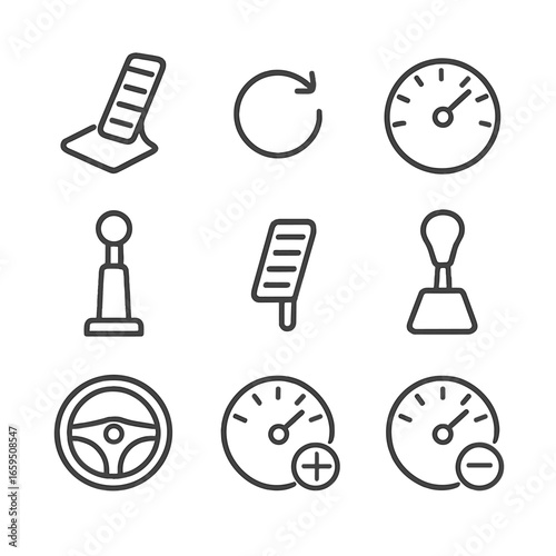 Speed Control Icons. Outline icon set of speed control devices: accelerator pedal, cruise control, speed dial, throttle, brake