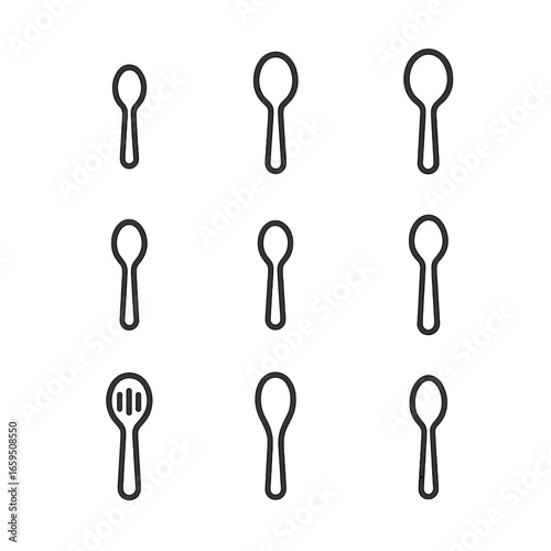 Spoon Icon Set. Outline icon set of spoon types: teaspoon, tablespoon, soup spoon, dessert spoon, baby spoon, serving spoon,