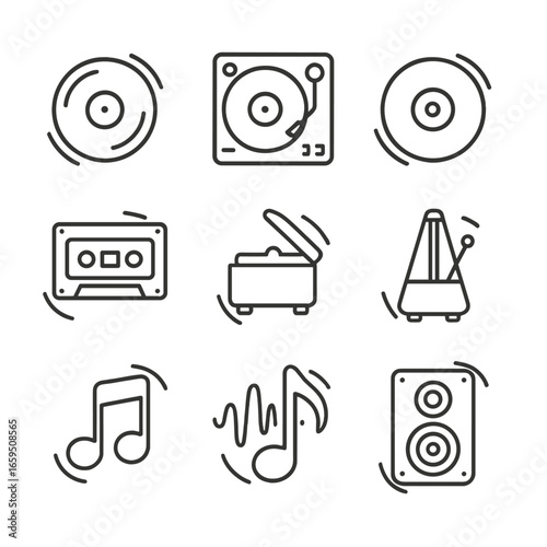 Spinning Music Icons. Outline icon set of spin in music: spinning vinyl record, spinning DJ turntable, spinning CD, spinning