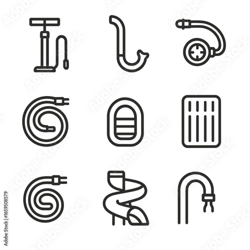 Sport Tubes Icon Set. Outline icon set of sport tubes: bicycle pump tube, snorkel tube, diving regulator tube, air hose, fire hose