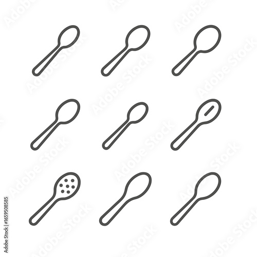 Spoon Icon Set. Outline icon set of spoon types: teaspoon, tablespoon, soup spoon, dessert spoon, baby spoon, serving spoon,
