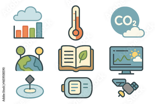 Climate Data Icons. Flat vector mini-illustrations climate data collection in colors children's illustrations: