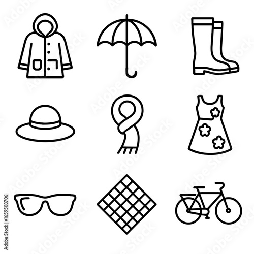 Spring Fashion Icons. Outline icon set of spring fashion: raincoat, umbrella, wellies, sun hat, light scarf, floral dress,