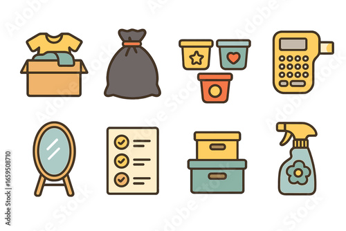Closet Organization Icons. Flat vector mini-illustrations Closet decluttering steps in colors children's