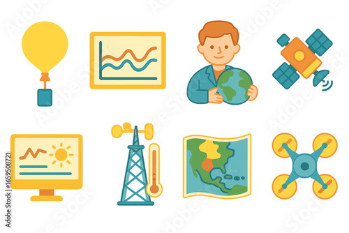 Climate Science Tools. Flat vector mini-illustrations climate science tools and study in colors children's