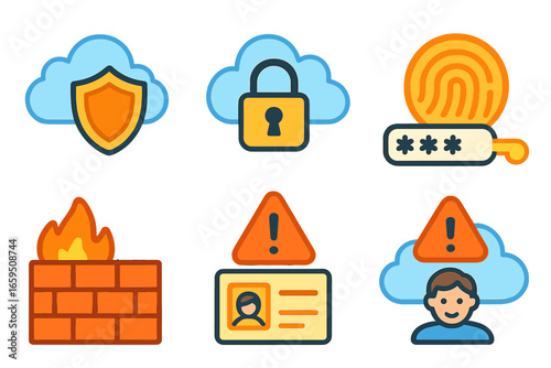Cloud Security Icons. Flat vector mini-illustrations Cloud security and access control in colors children's
