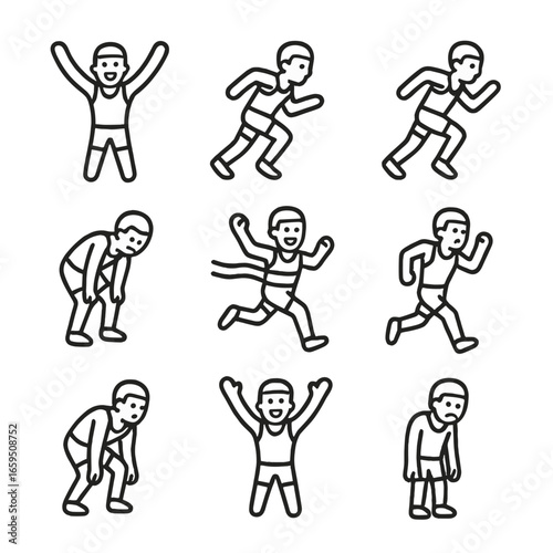 Sprint Athlete Emotions. Outline icon set of sprint athlete emotions: excitement, focus, determination, exhaustion, victory,