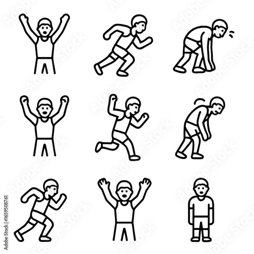 Sprint Athlete Emotions. Outline icon set of sprint athlete emotions: excitement, focus, determination, exhaustion, victory,