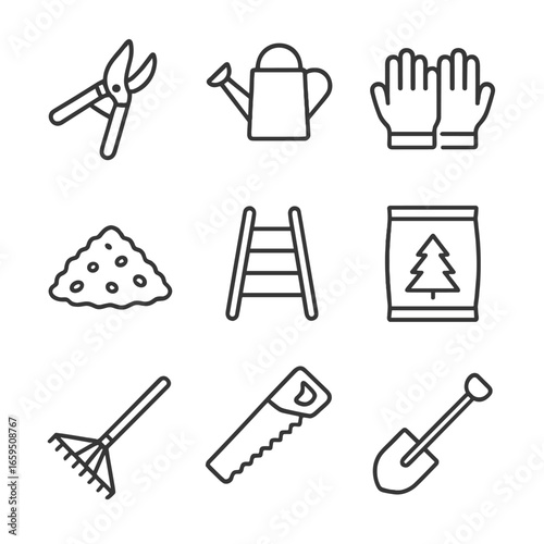 Spruce Care Icons. Outline icon set of spruce care tools: pruning shears, watering can, gardening gloves, mulch pile, ladder,