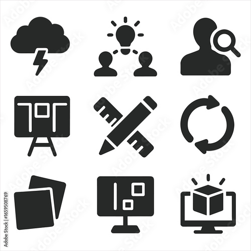 Co-Creation Icons Grid. Solid, filled icons set of co-creation projects: brainstorming cloud, shared