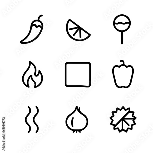 Sriracha Flavor Icons. Outline icon set of sriracha flavor profile: spicy, tangy, sweet, smoky, hot, bold, peppery, pungent, zesty