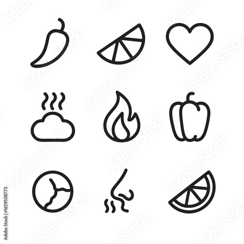 Sriracha Flavor Icons. Outline icon set of sriracha flavor profile: spicy, tangy, sweet, smoky, hot, bold, peppery, pungent, zesty