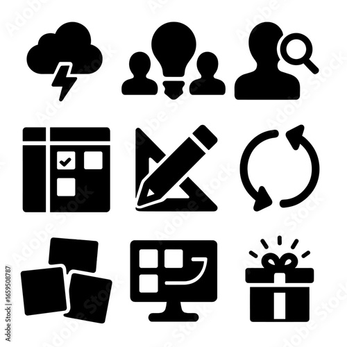 Co-Creation Icons Grid. Solid, filled icons set of co-creation projects: brainstorming cloud, shared