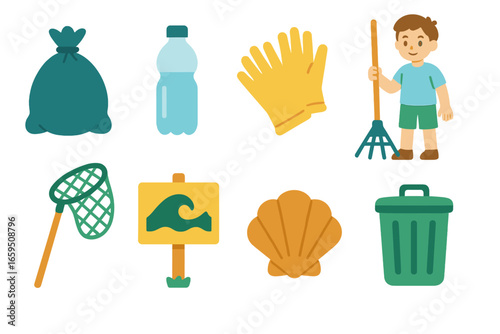 Coastal Cleanup Icons. Flat vector mini-illustrations coastal cleanup in colors children's illustrations: