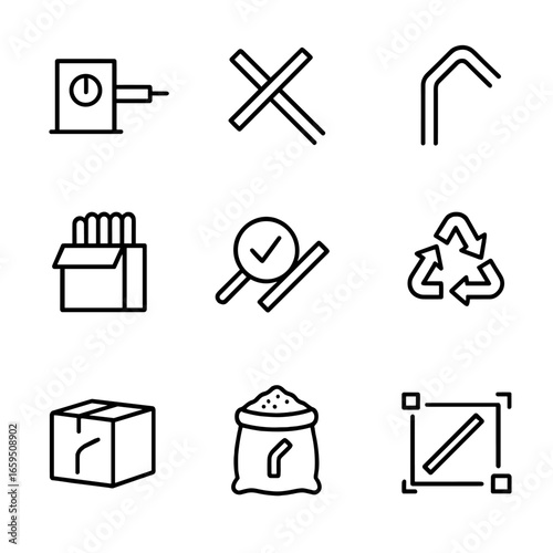 Straw Manufacturing Icons. Outline icon set of straw manufacturing: extrusion, cutting, bending, packaging, quality check,