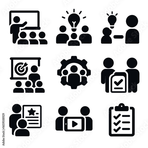 Collaborative Learning Icons. Solid, filled icons set of collaborative learning: whiteboard session, group