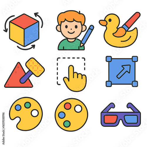 Colorful 3D Icons. Flat vector mini-illustrations customizable 3D elements in colors children's illustrations: