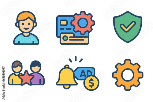 Colorful Account Icons. Flat vector mini-illustrations Ad account management in colors children's
