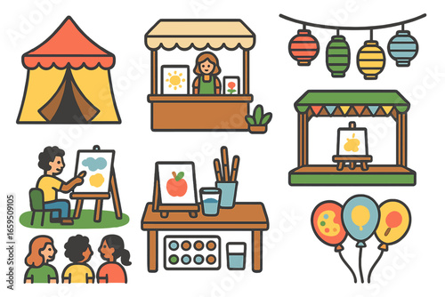 Colorful Art Festival Icons. Flat vector mini-illustrations Outdoor art festivals in colors children's