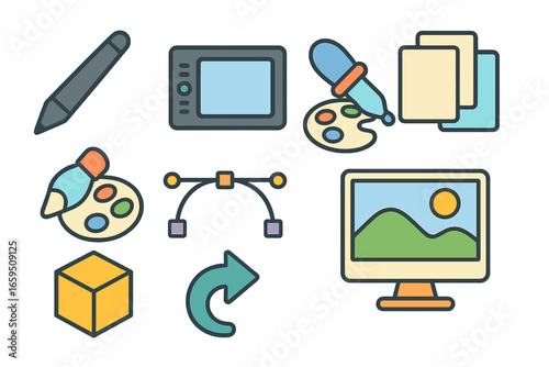 Colorful Art Tools Icons. Flat vector mini-illustrations digital art tools in colors children's illustrations: