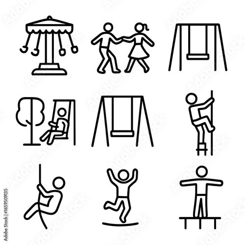 Swing Activity Icons. Outline icon set of swing recreational activities: swing ride, swing dance, swing set playground, swing park