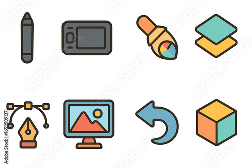 Colorful Art Tools Icons. Flat vector mini-illustrations digital art tools in colors children's illustrations:
