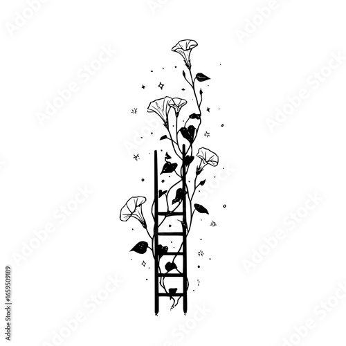 Morning glory flower climbing trellis vector illustration botanical garden floral design black and white line art