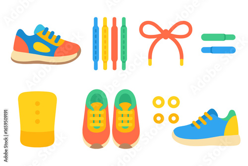Colorful Athletic Shoe Icons. Flat vector mini-illustrations sports shoe preparation in colors children's